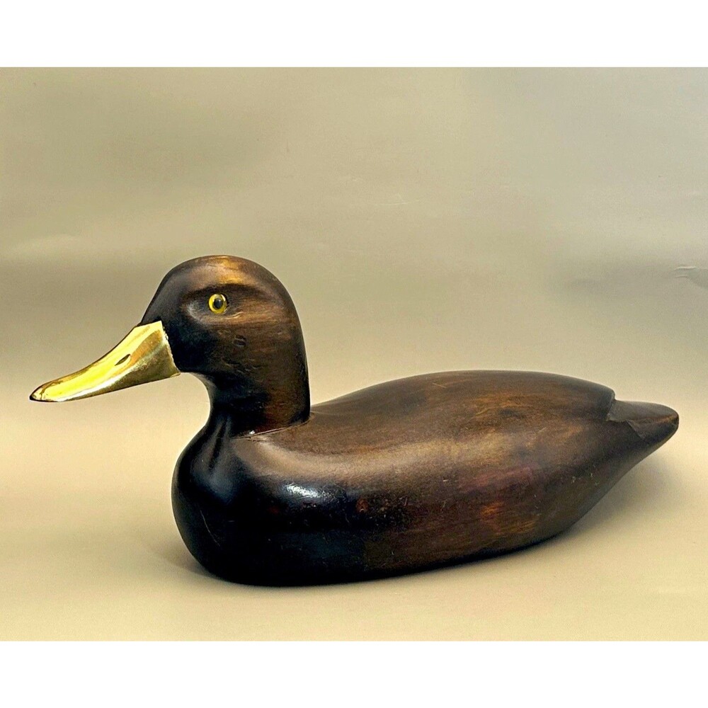 VTG Wooden Duck Decoy Carved Wood Brass Beak Rustic Lodge Cabin Library Decor